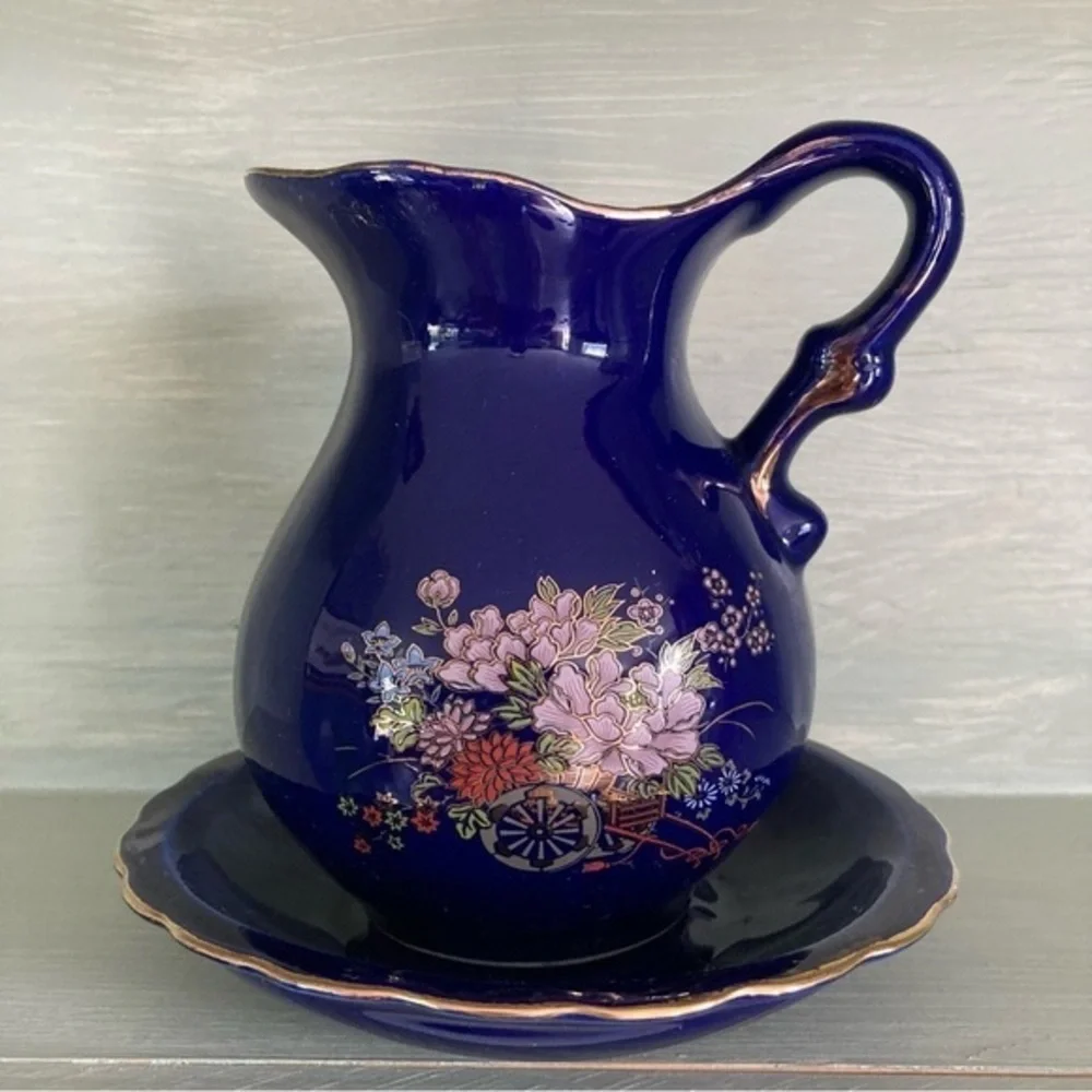 Vintage Cobalt Blue Asian Floral Pitcher and Basin Set Small